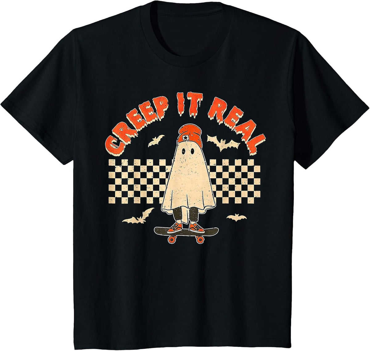 Creep It Real Skateboarding Ghost Retro Halloween Costume T-Shirt - Black