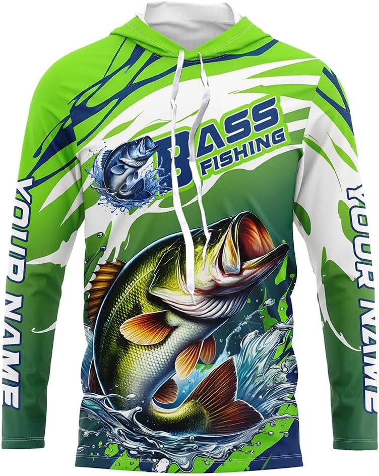 Custom Bass Fishing Jersey, Bass Long Sleeve Uv Protection Fishing Shirts | Green - Long Sleeves Hooded Upf