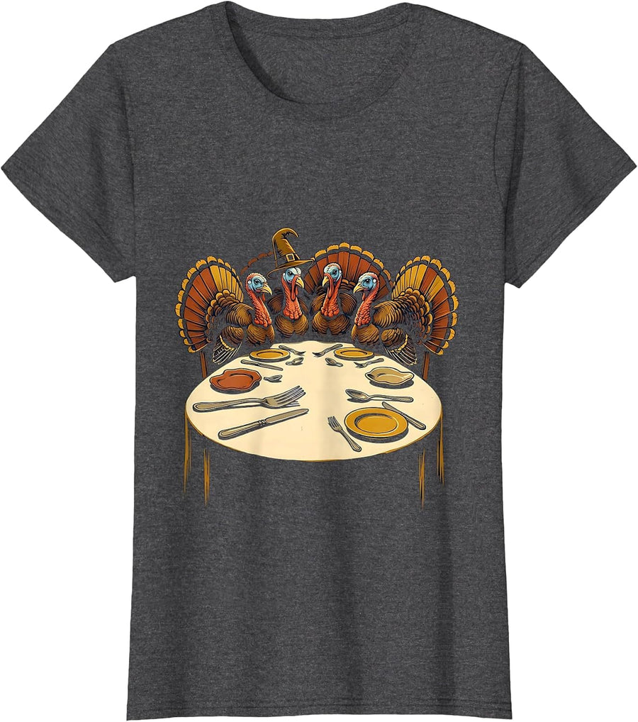 Women's Vintage Turkey Family Dinner Thanksgiving Gathering T-Shirt - Dark Heather Grey