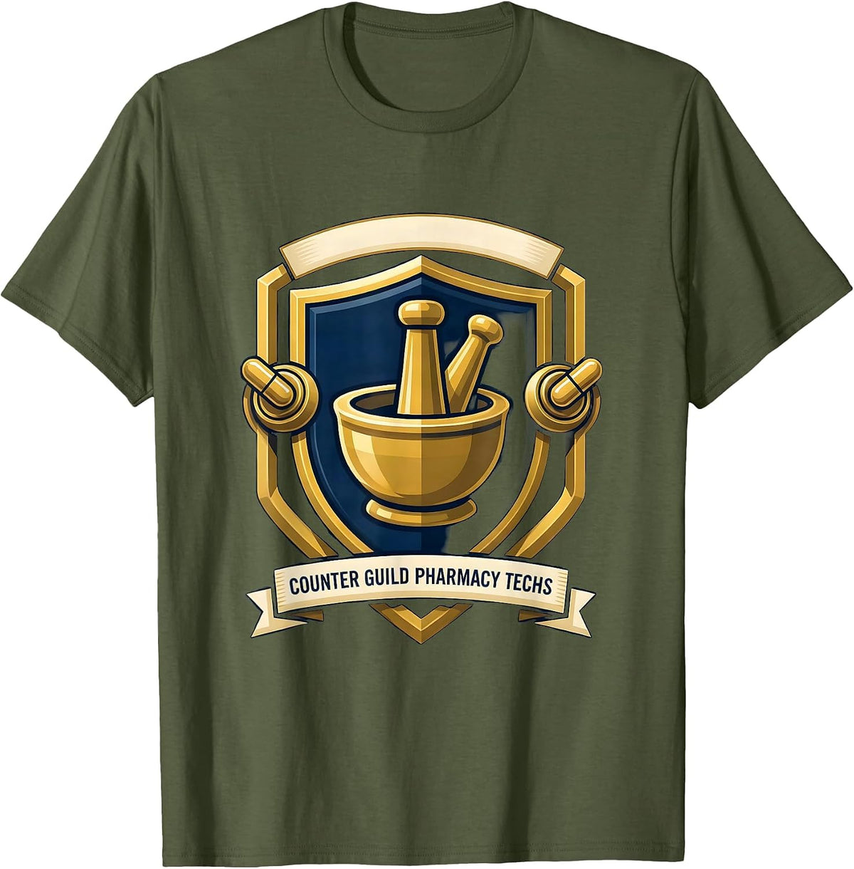 Men's Counter Guild Pharmacy Techs Funny Pharmacy Tech Crew T-Shirt - Olive Green