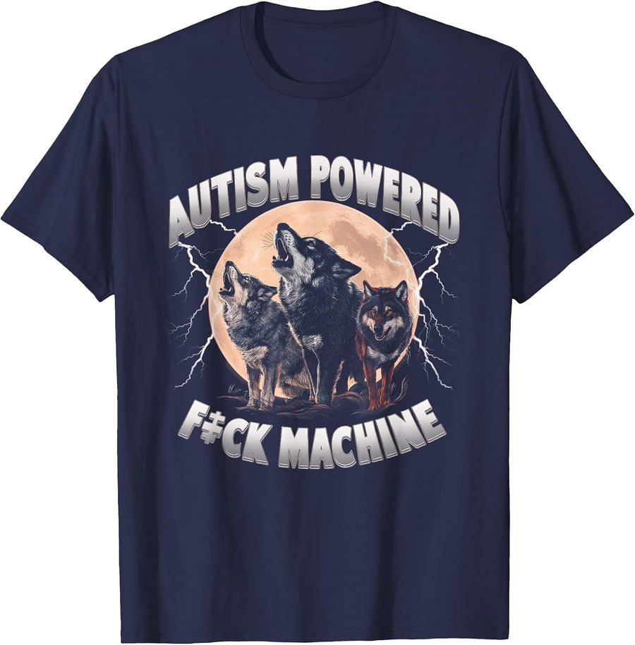 Autism Powered F ck Machine Funny Meme Wolf Autistic Retro T-Shirt - Navy Blue