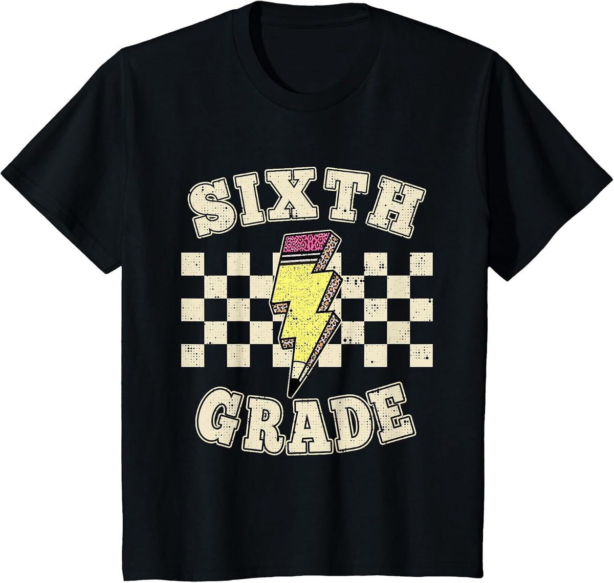 Sixth Grade Lighting Bolt Pencil Retro 6th Grade Teacher T-Shirt - Black