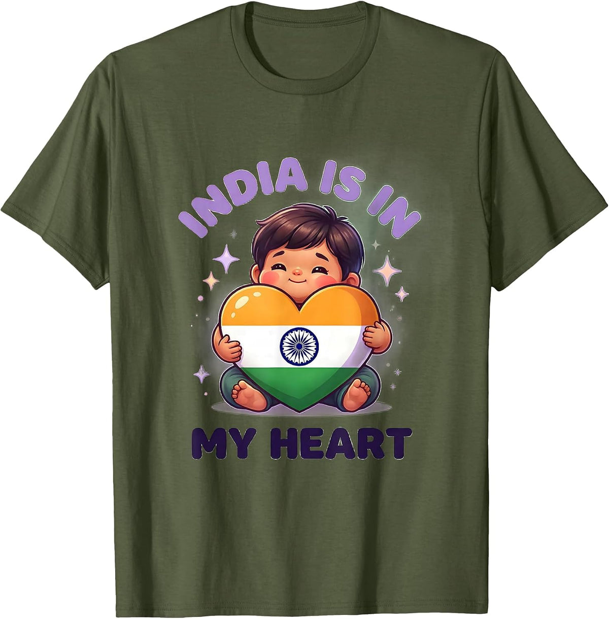 India Is In My Heart Cute Kawaii National Pride Kids T-Shirt - Olive Green