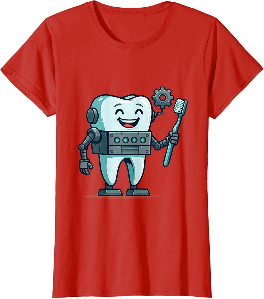 Women's Smiling Tooth Robot Halloween Dentist Dental Humor T-Shirt - Red