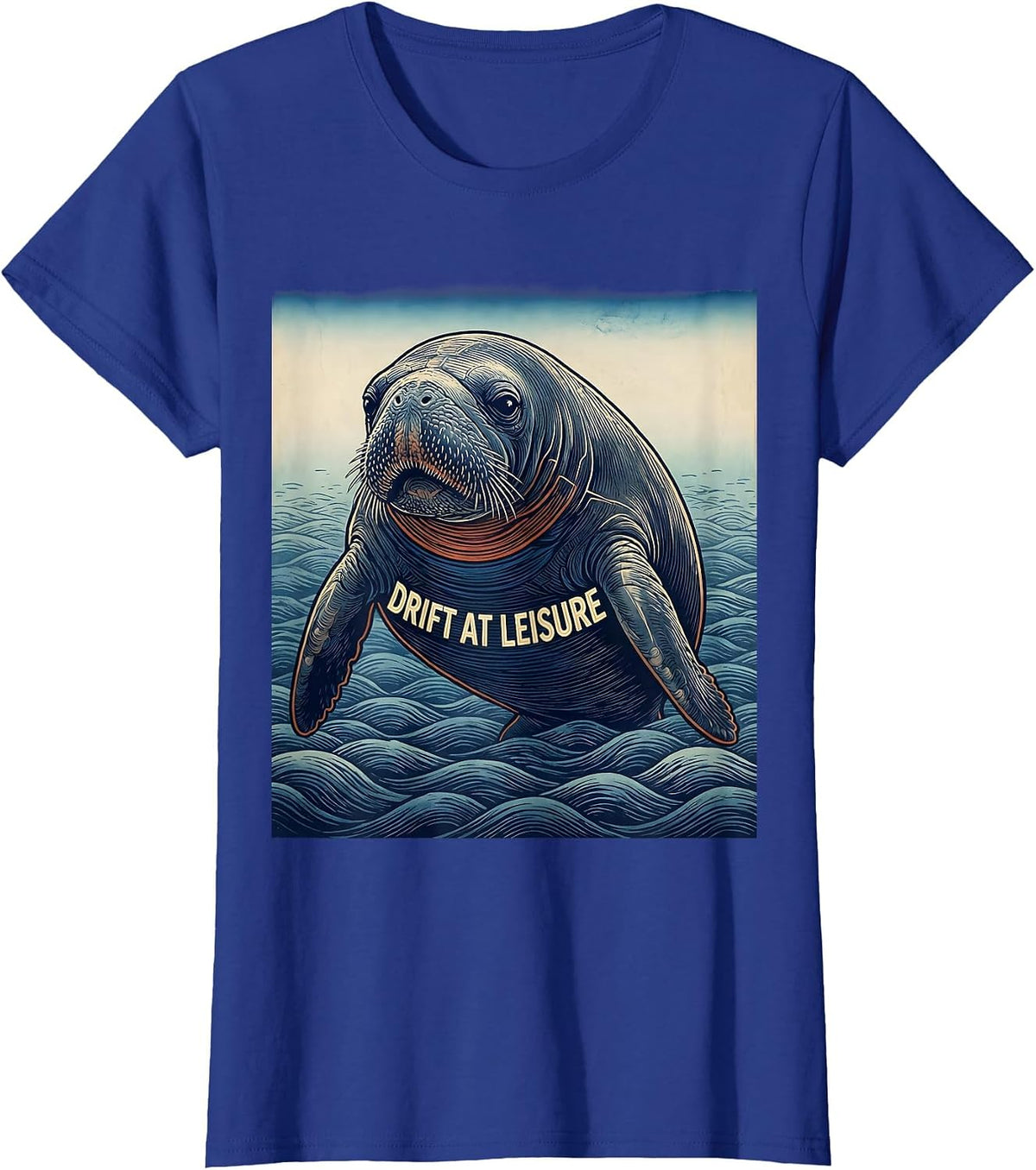Women's Drift At Leisure Ukiyo-e Manatee Lover Animal Humor T-Shirt - Royal Blue