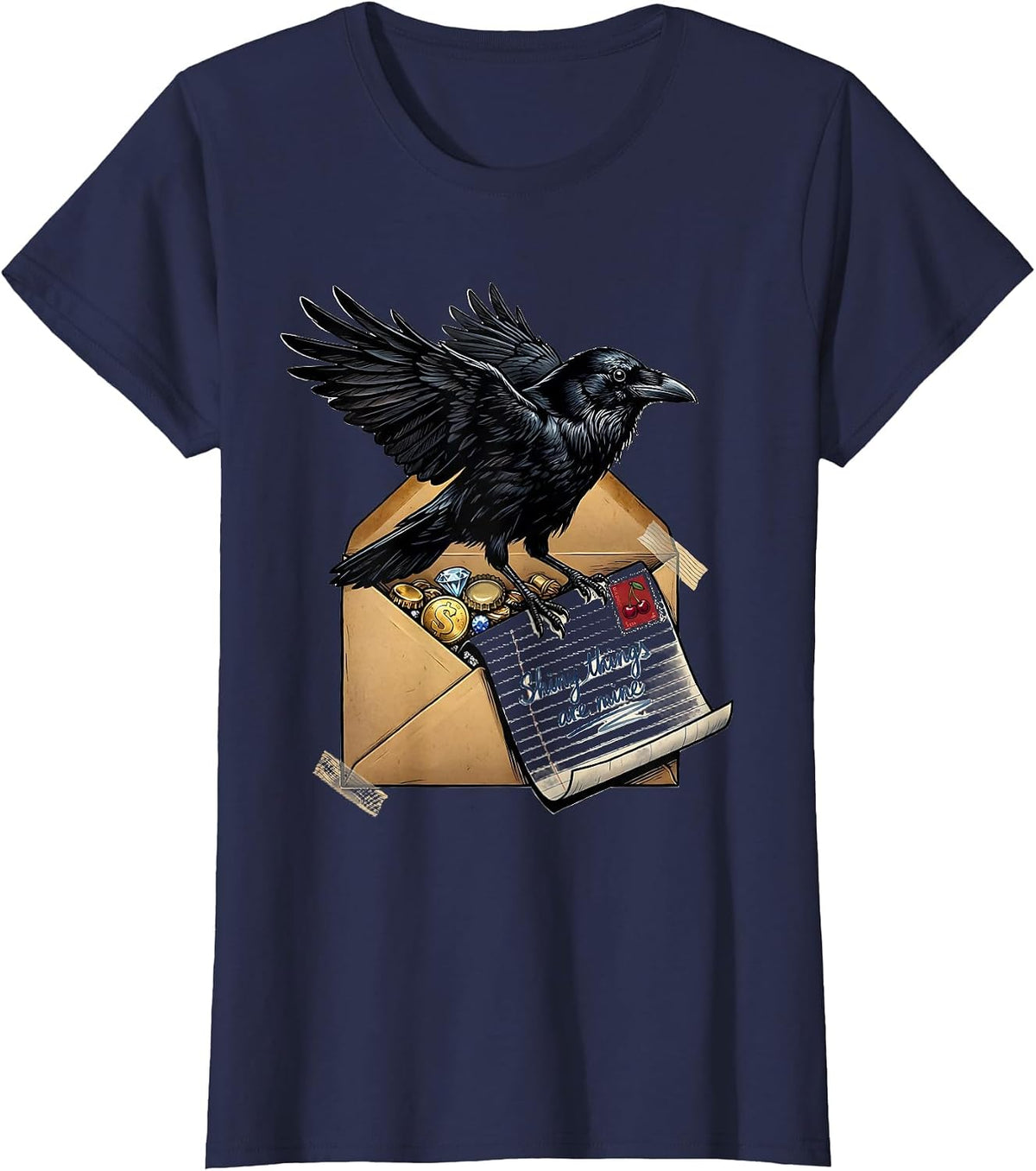 Women's Shiny Things Are Mine Crow Design T-Shirt - Navy Blue