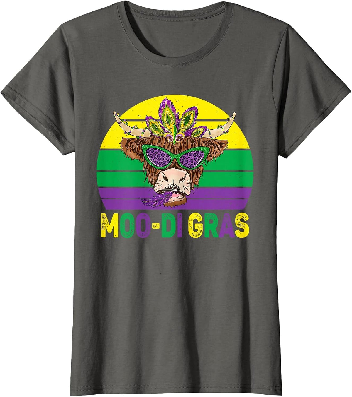 Mardi Gras Cow Heifer Beads Carnival Costume Farm Animal Cow T-Shirt - Asphalt Grey