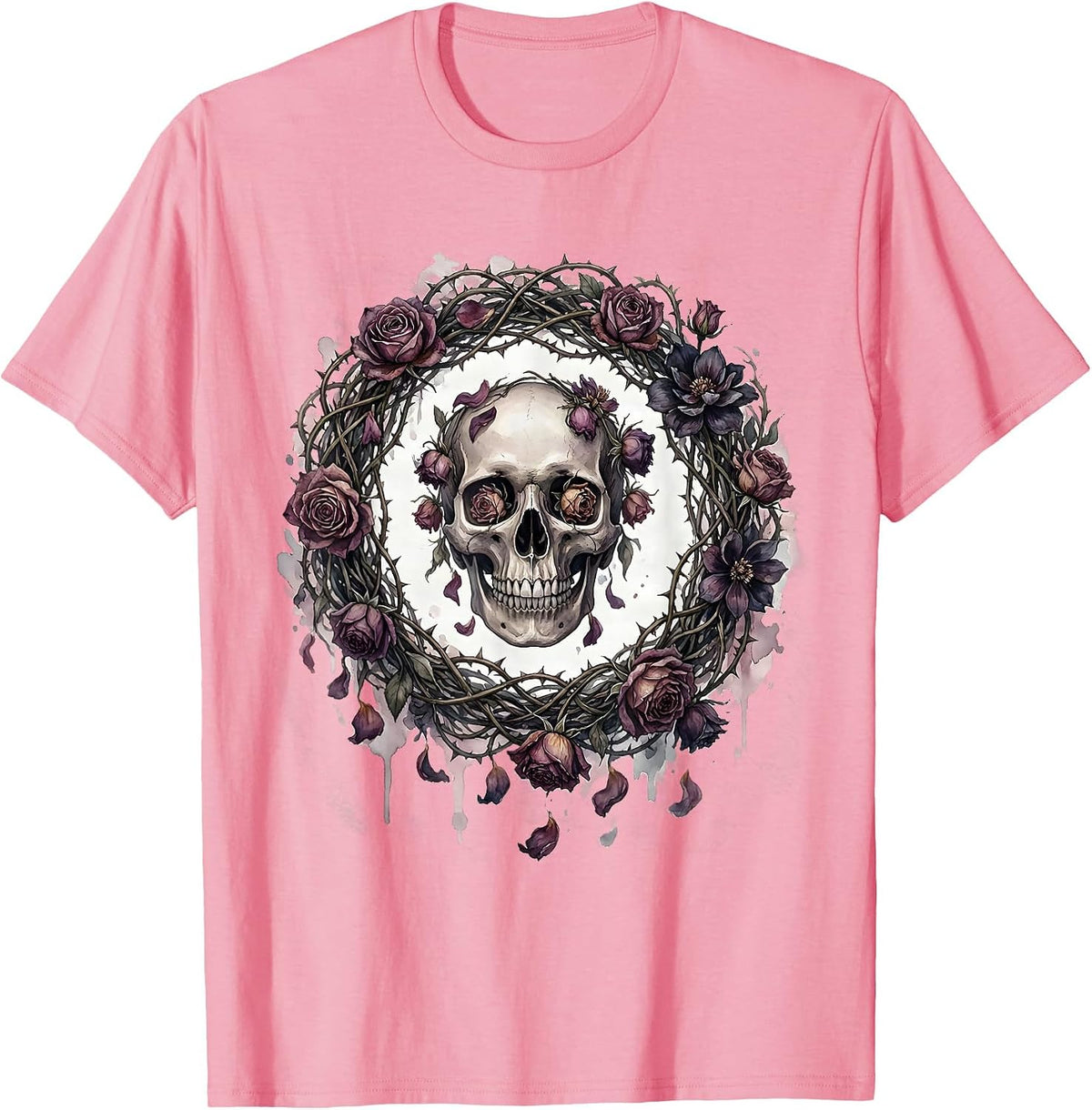 Men's Skull Wilting Black Flowers Dark Floral Crown T-Shirt - Pink