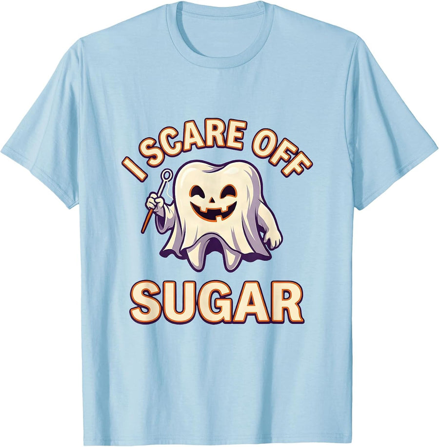 Men's I Scare Off Sugar Funny Ghost Dentist Halloween Dental Pun T-Shirt - Baby Blue