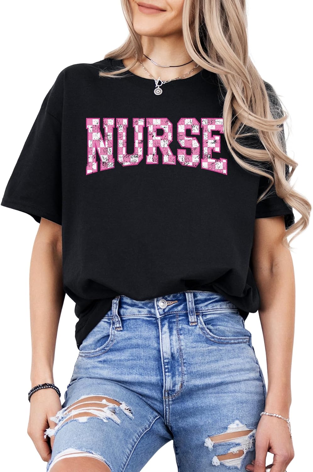 Nurse Checkerboard Graphic T-Shirt – Unisex Cotton Appreciation Tee – Cute Pink Letter Print Medical Top - Black