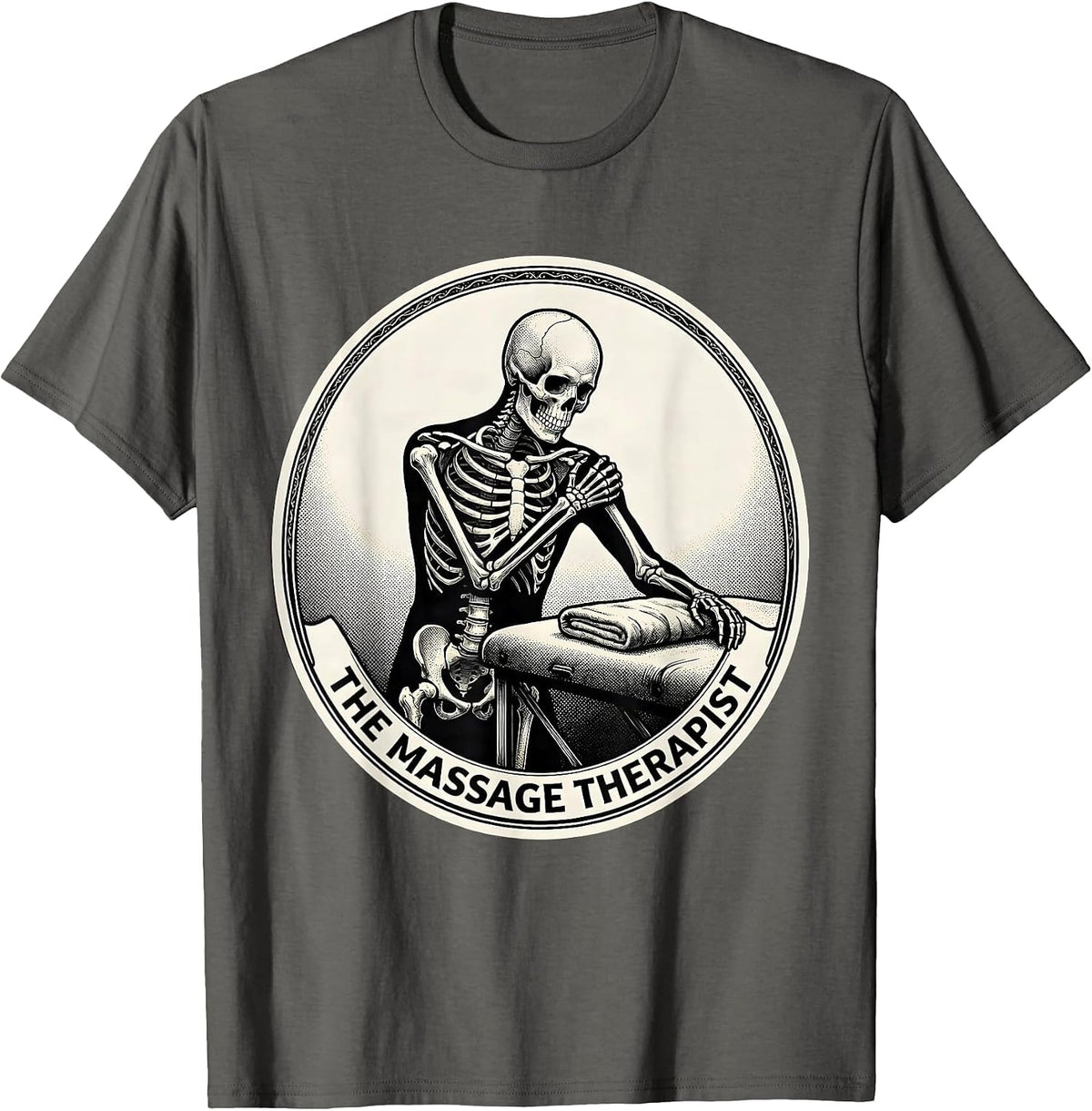 Men's The Massage Therapist Skeleton Tarot Card Halloween Humor T-Shirt - Asphalt Grey