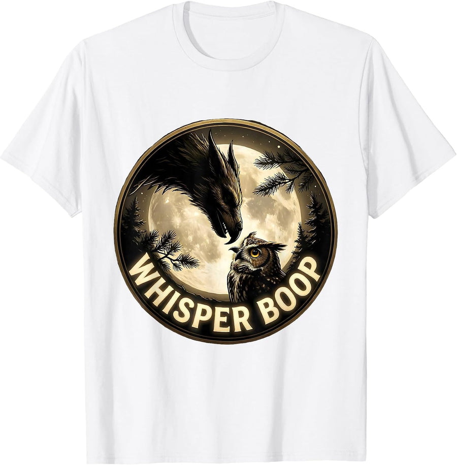 Men's Whisper Boop Dragon Cat Full Moon Fantasy Humor T-Shirt - White