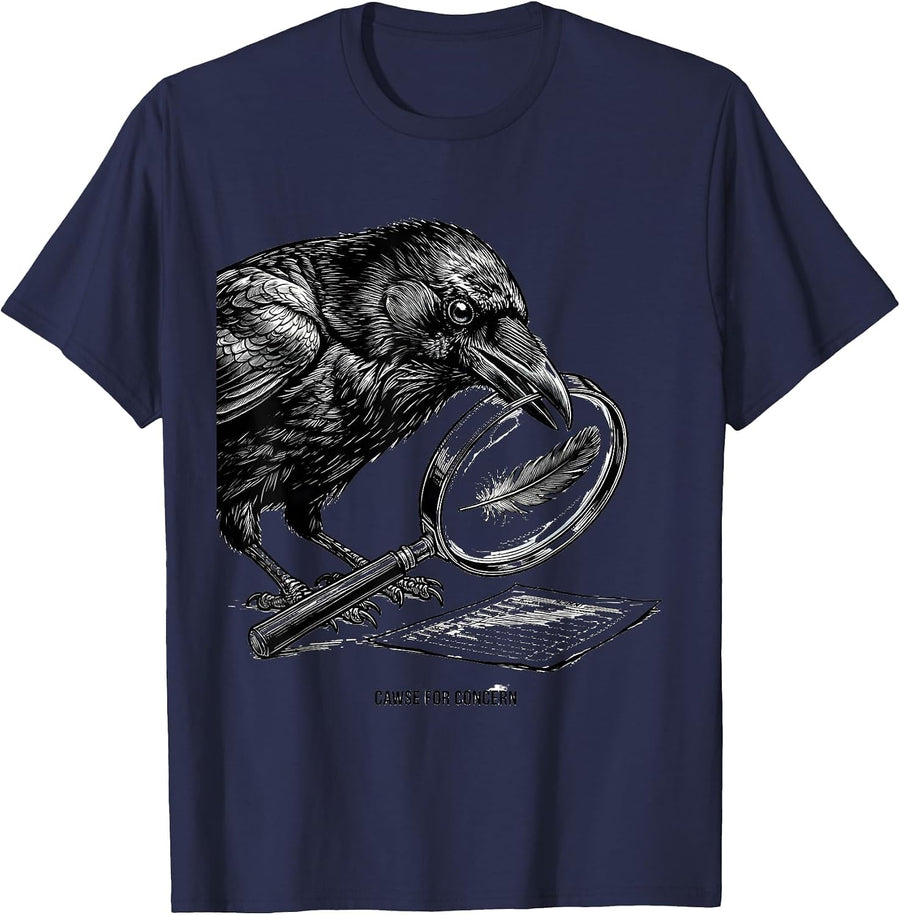 Cawse For Concern Dark Humor Gothic Crow Raven Bird Lover T-Shirt - Navy Blue