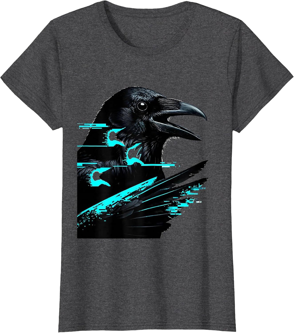 Women's Crow Glitch Datamosh Dark Humor Gothic T-Shirt - Dark Heather Grey