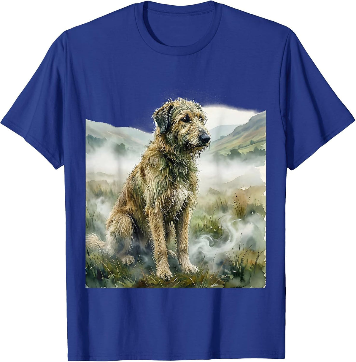 Irish Wolfhound Sitting in Misty Field Illustration T-Shirt - Royal Blue