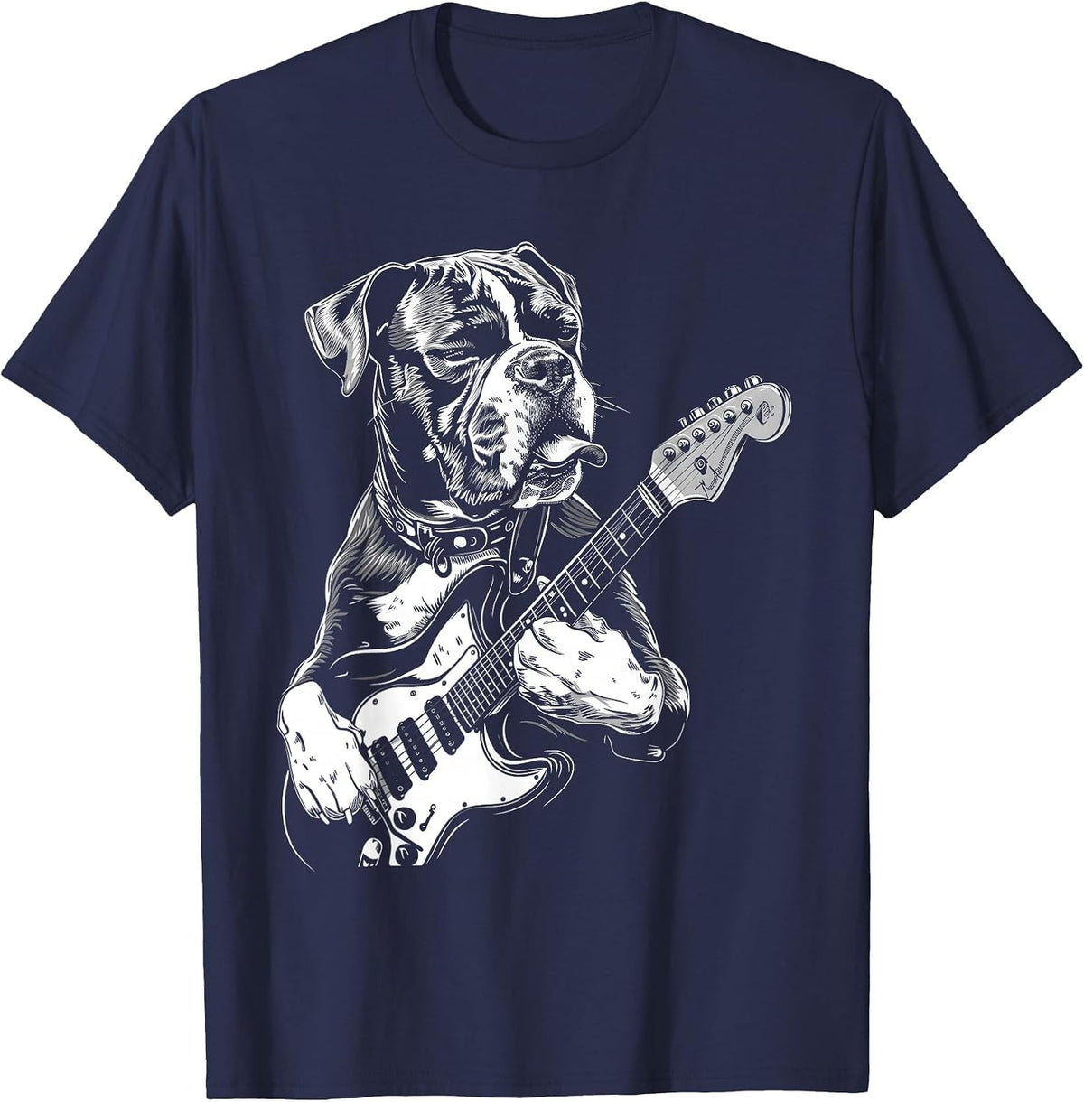 Funny Boxer Dog Playing Electric Guitar Rock Dog Dad T-Shirt - Navy Blue