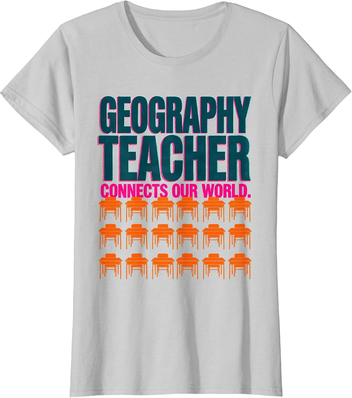 Geography Teacher Connects Our World Risograph Humor Teacher T-Shirt - Silver Grey