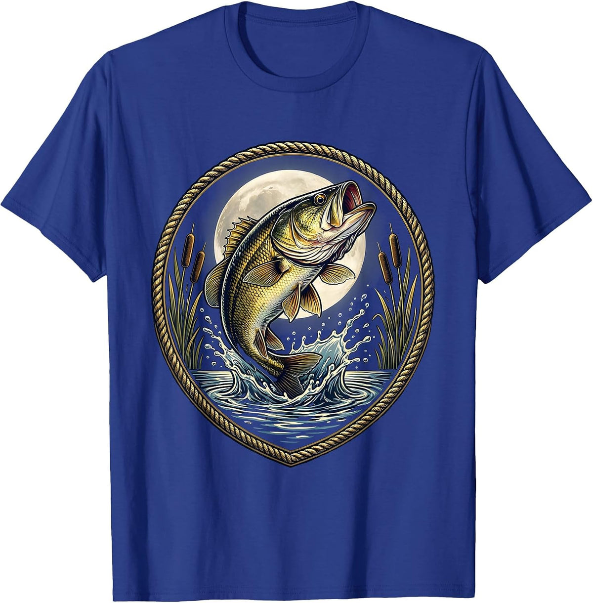 Bass Breaking Surface Full Moon Fishing Graphic T-Shirt - Royal Blue