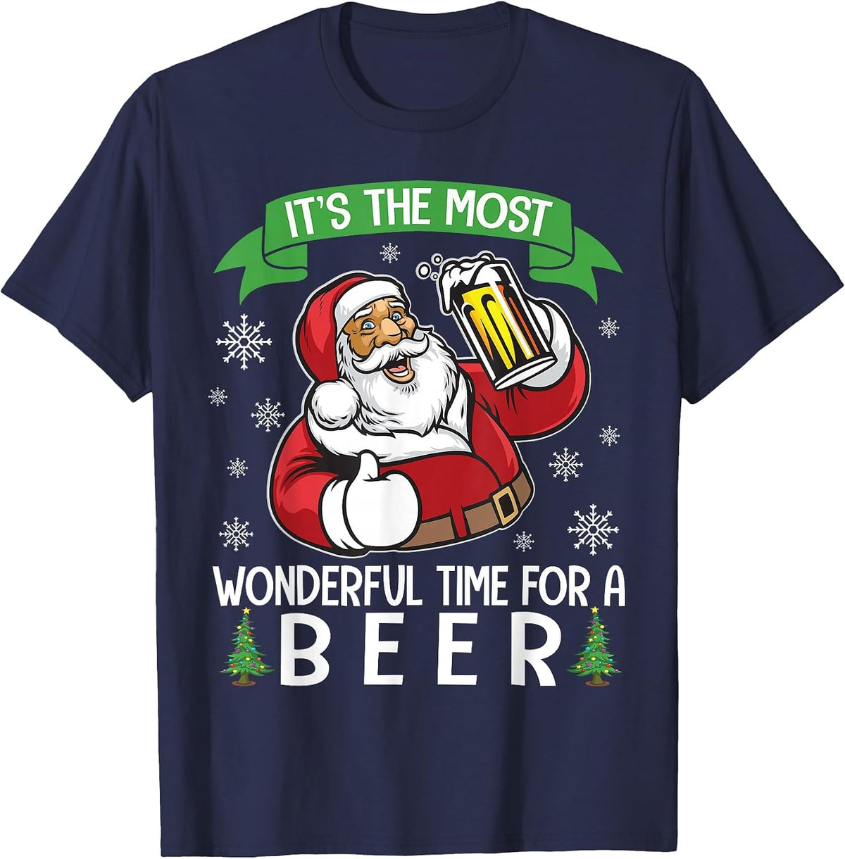 Santa Drinking Beer It's The Most Wonderful Time for A Beer T-Shirt - Navy Blue
