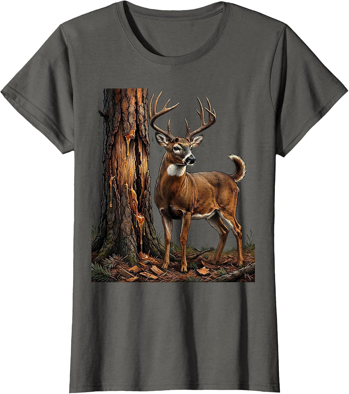Women's Buck Rub Scarred Pine Tree Hunting Illustration T-Shirt - Asphalt Grey