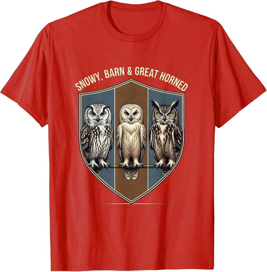 Men's Snowy, Barn & Great Horned Owl Lover Birdwatcher Humor T-Shirt - Red