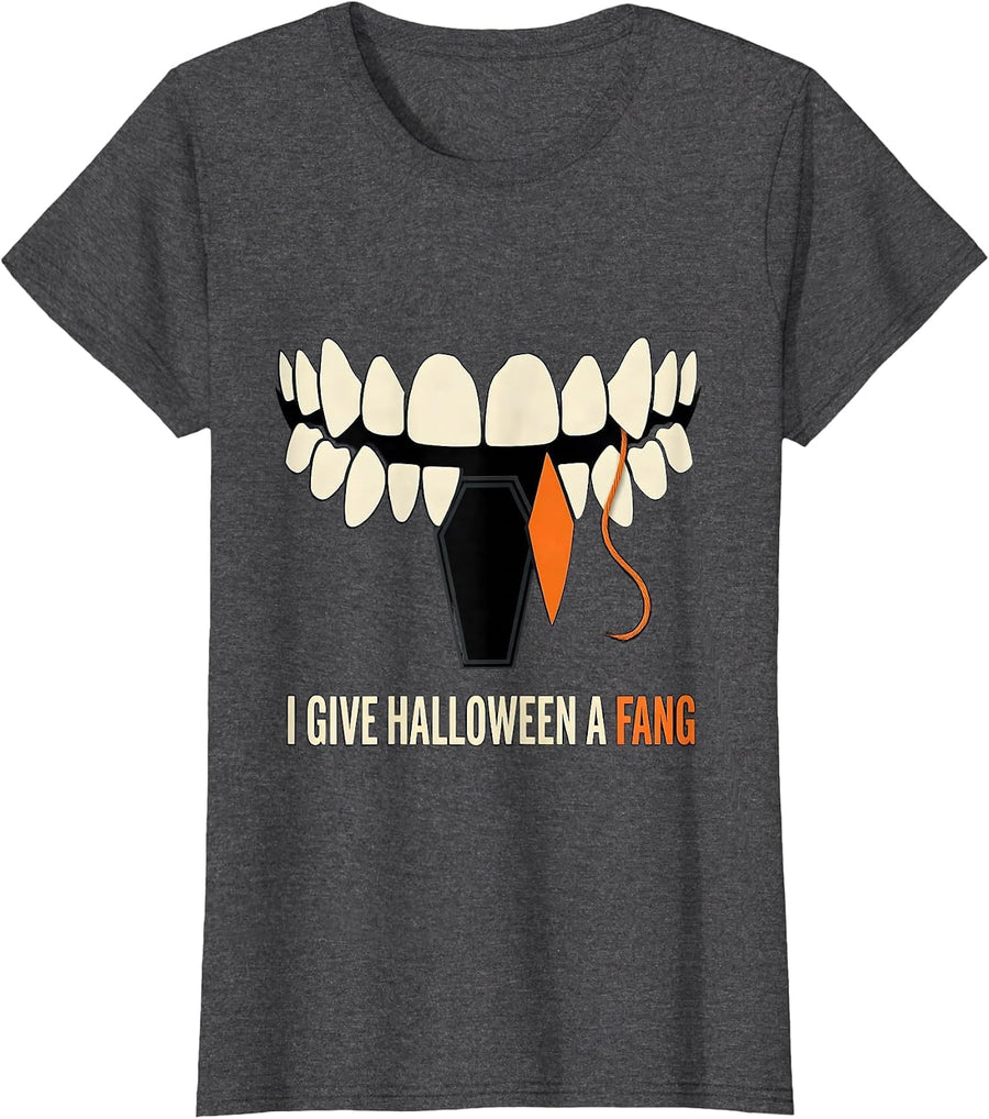Women's I Give Halloween A Fang Funny Dentist Dental Pun Halloween T-Shirt - Dark Heather Grey