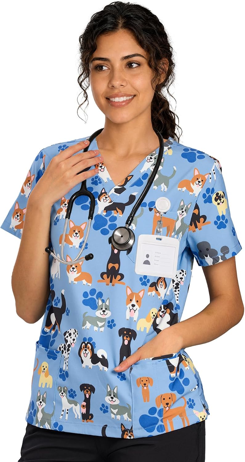 Women's Medical Uniform - V Neck Scrub Tops - Blue Dog