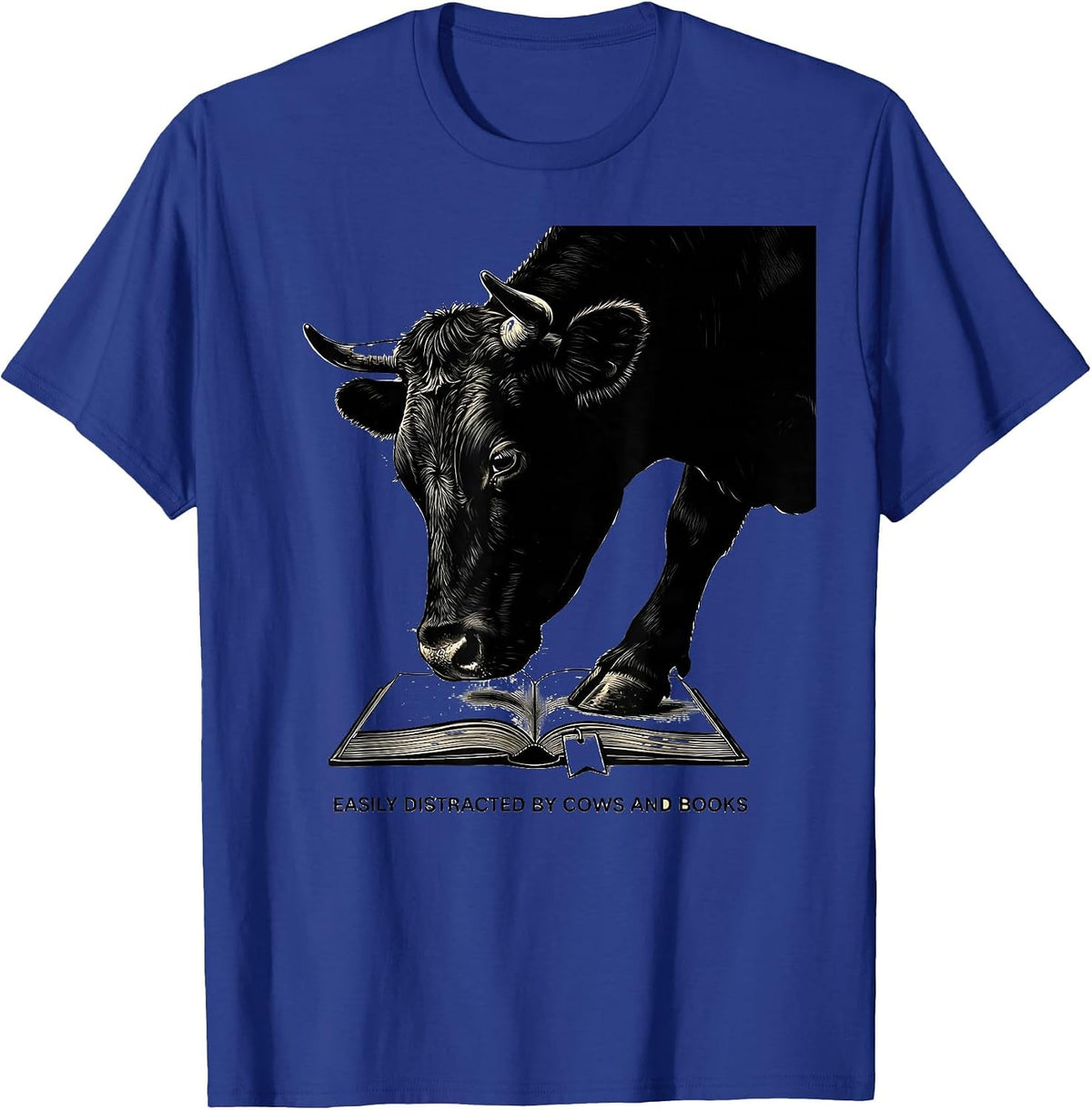 Men's Easily Distracted By Cows And Books Funny Book Lover Animal T-Shirt - Royal Blue