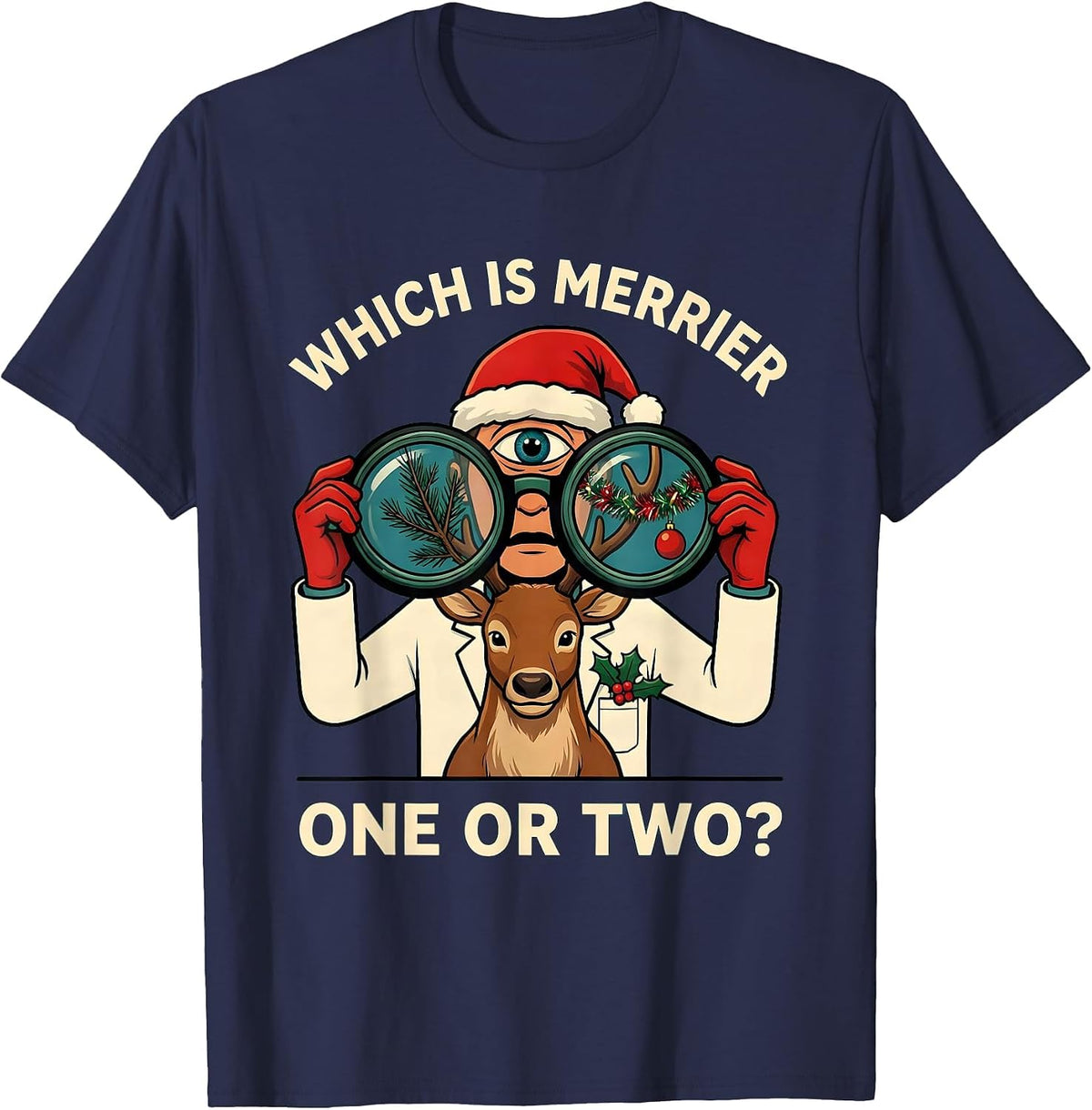 Men's Which Is Merrier, One Or Two? Funny Optometrist Christmas T-Shirt - Navy Blue
