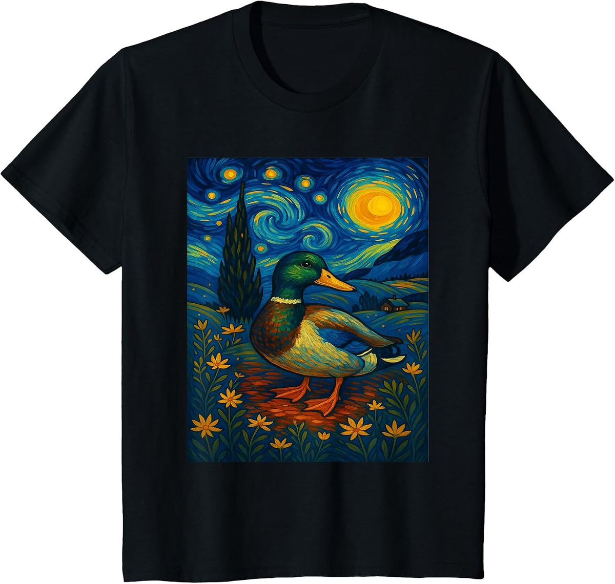 Starry Night Mallard Duck Van Gogh Style Hunting Farmer Farm T-Shirt - Black