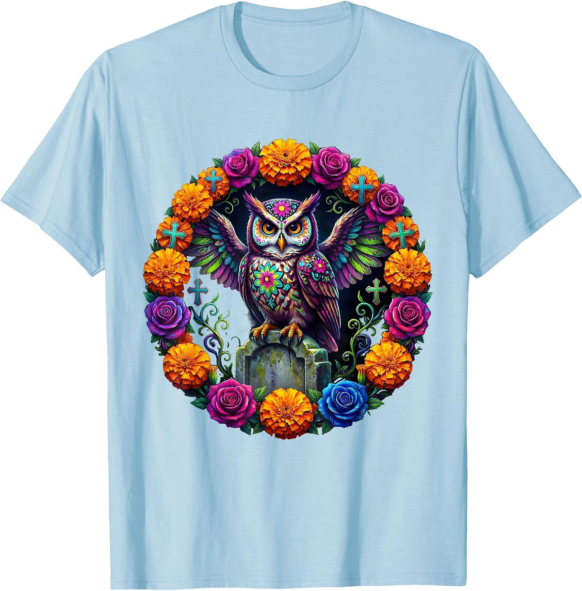 Men's Day of the Dead Owl on Gravestone Design T-Shirt - Baby Blue