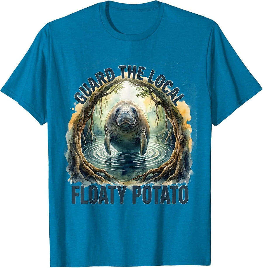 Guard The Local Floaty Potato Watercolor Manatee Wildlife T-Shirt - Sapphire Blue