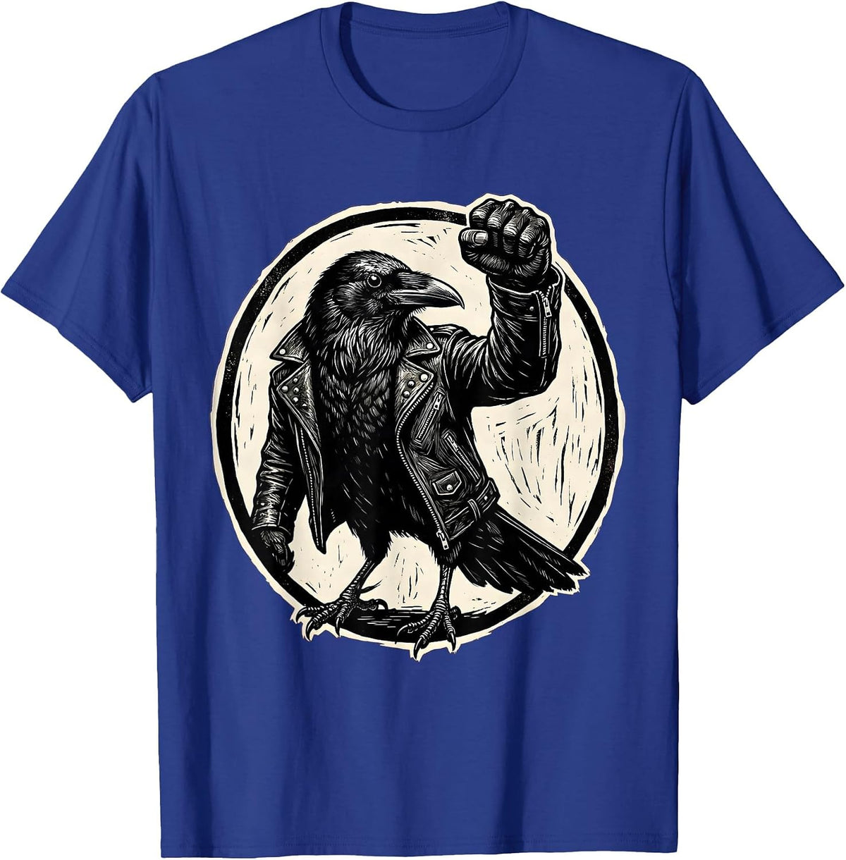 Rebel Crow Leather Jacket Raised Fist Design T-Shirt - Royal Blue