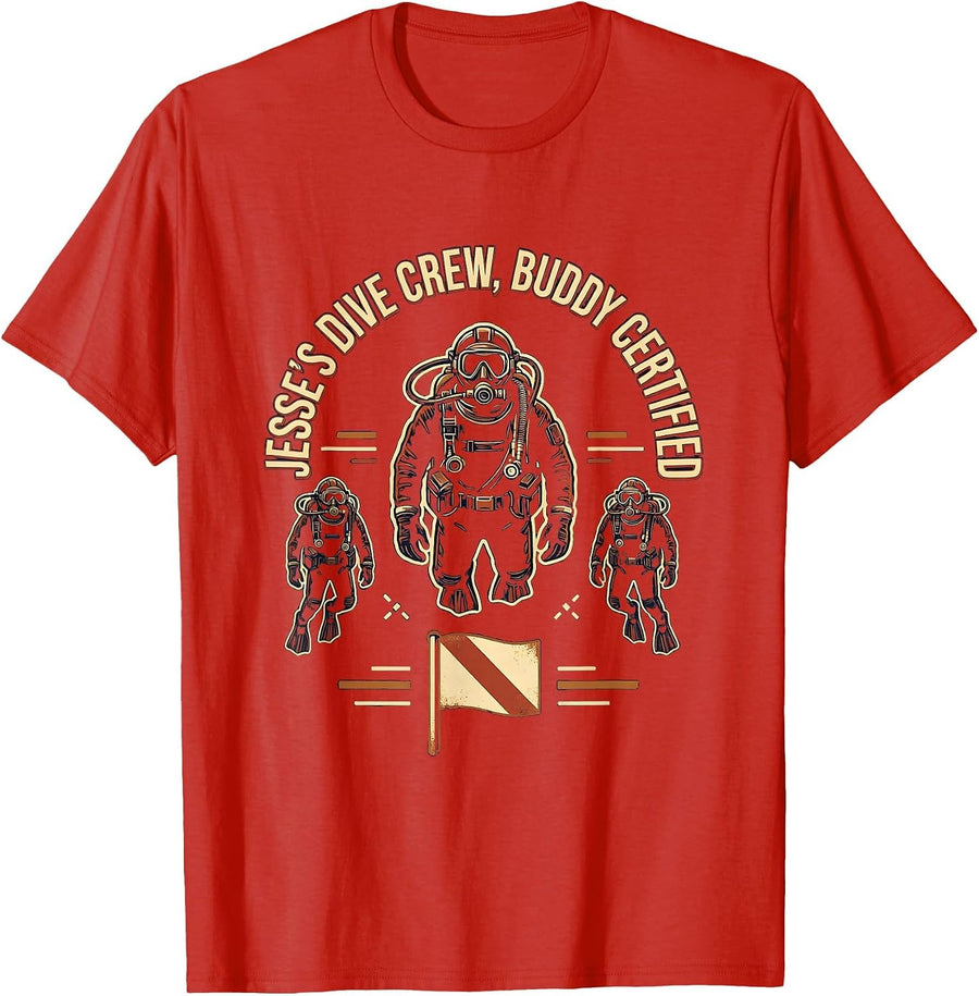 Men's Jesse's Dive Crew Buddy Certified Vintage Scuba Diver Gift T-Shirt - Red
