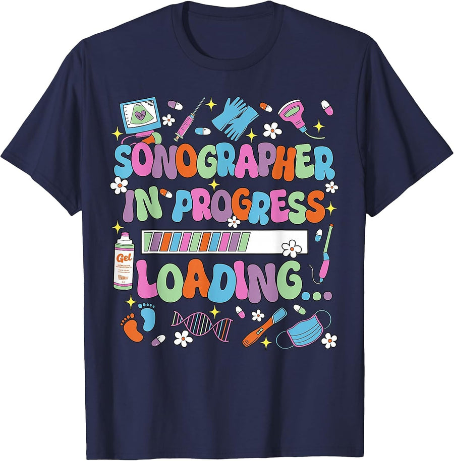 Sonographer in Progress Loading Sonography Ultrasound Tech T-Shirt - Navy Blue