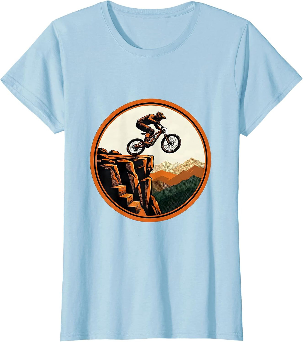 Downhill Biker Rocky Cliff Launch Graphic T-Shirt - Baby Blue
