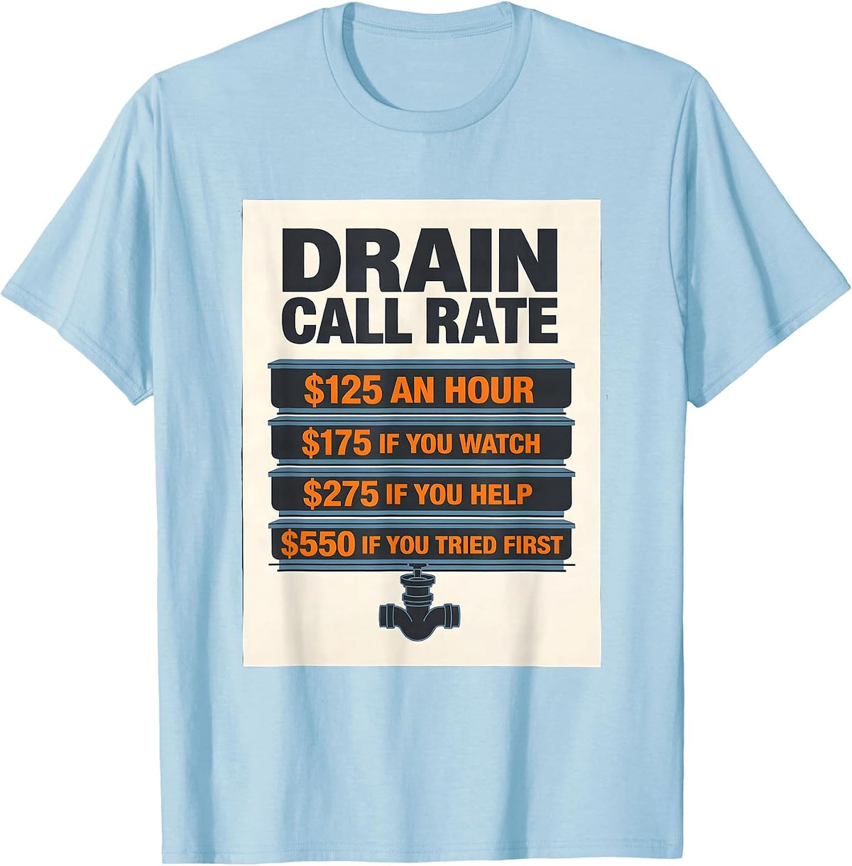 Men's Drain Call Rate Funny Plumber Hourly Rate Trade Humor T-Shirt - Baby Blue