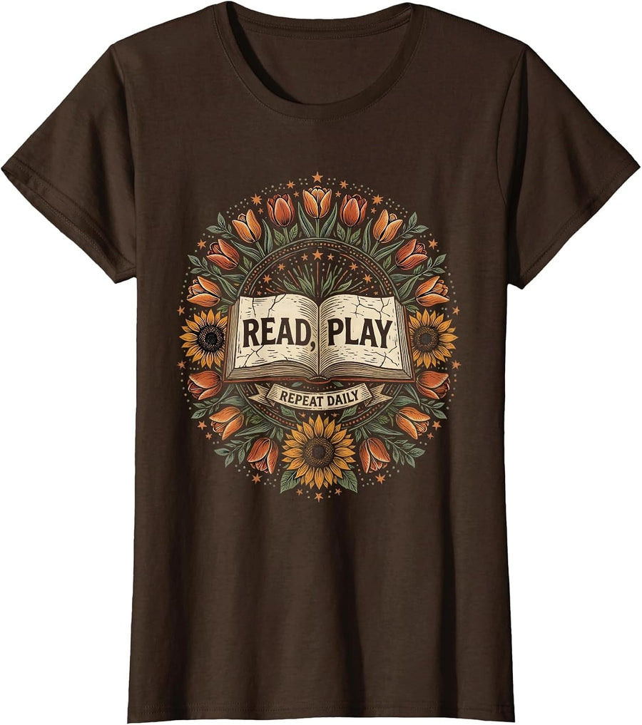 Women's Read Play Repeat Daily Preschool Teacher Design T-Shirt - Brown