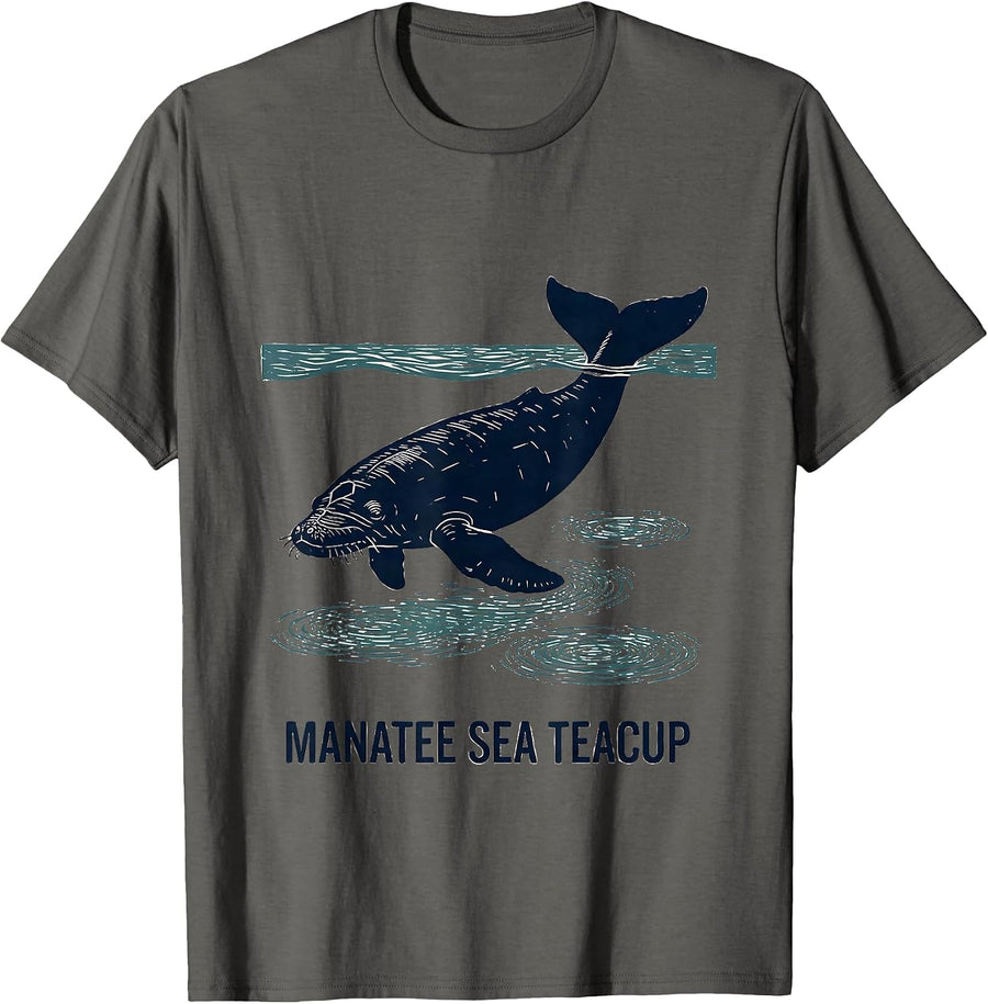 Manatee Sea Teacup Linocut Funny Sea Animal Lover T-Shirt - Asphalt Grey