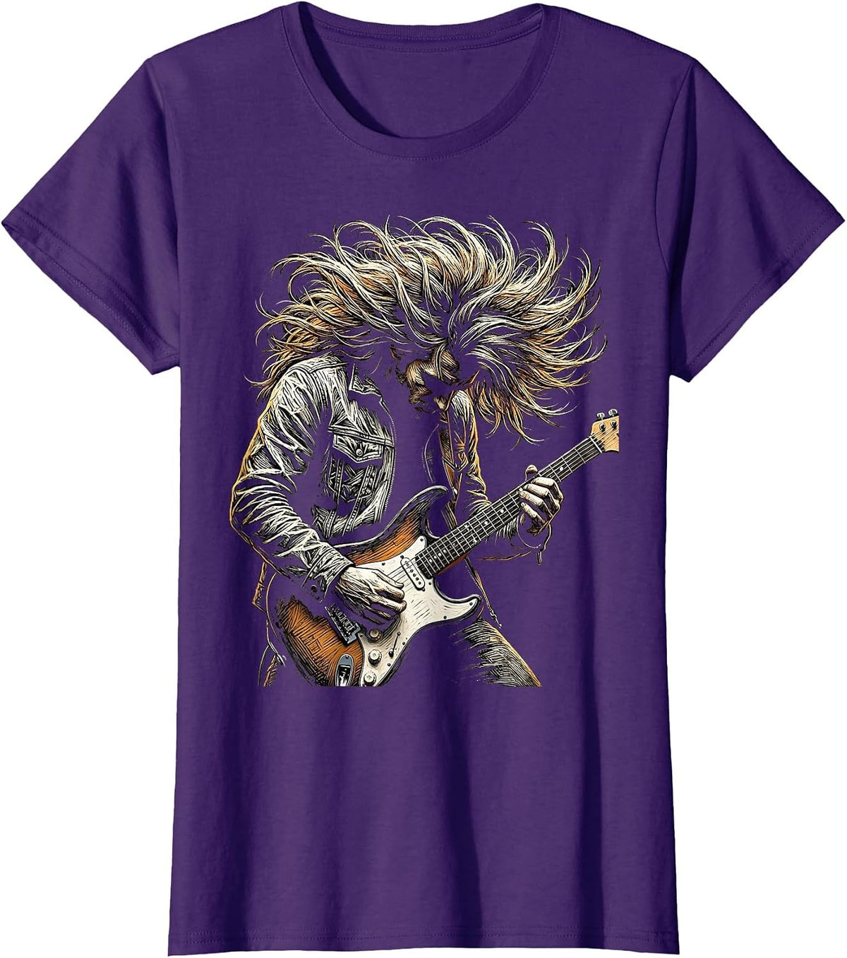 Women's Headbanging Musician Wild Hair Rock Band Graphic T-Shirt - Purple