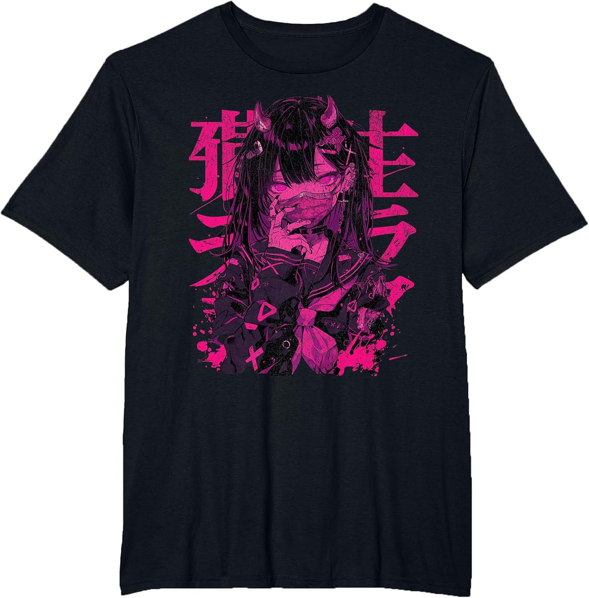 Goth Grunge Demon Anime Girl Waifu Horror Alt Aesthetic T-Shirt - Black