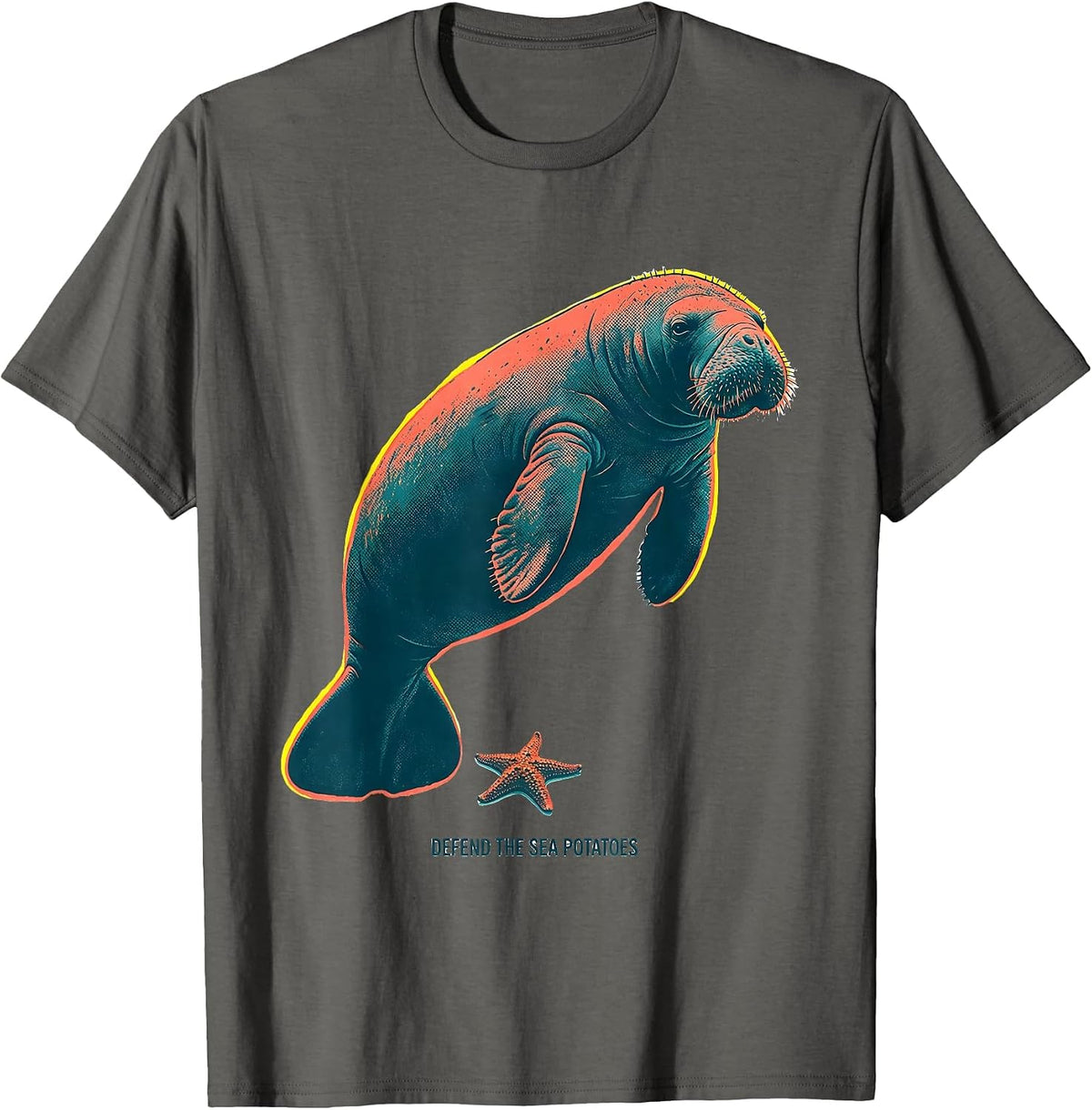 Defend The Sea Potatoes Funny Manatee Lover Ocean Animal T-Shirt - Asphalt Grey