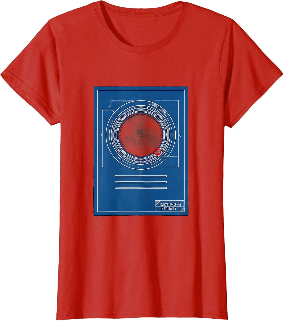 Refraction Comes Naturally Technical Blueprint Optometry T-Shirt - Red