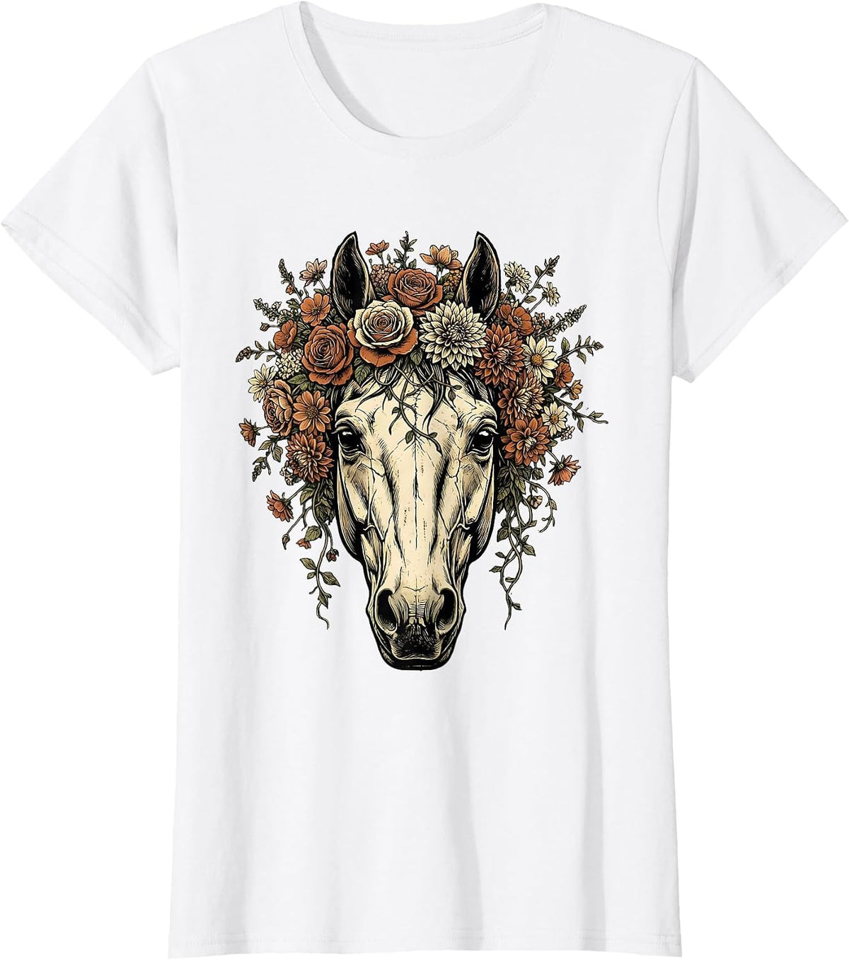 Horse Skull Floral Crown Gothic Nature Art T-Shirt - White