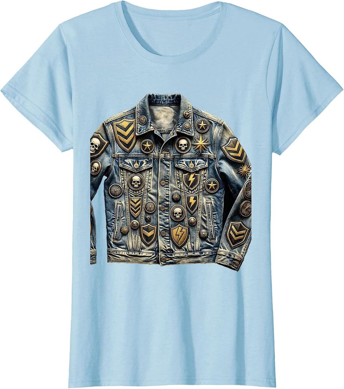 Patched Band Jacket Graphic Tee T-Shirt - Baby Blue