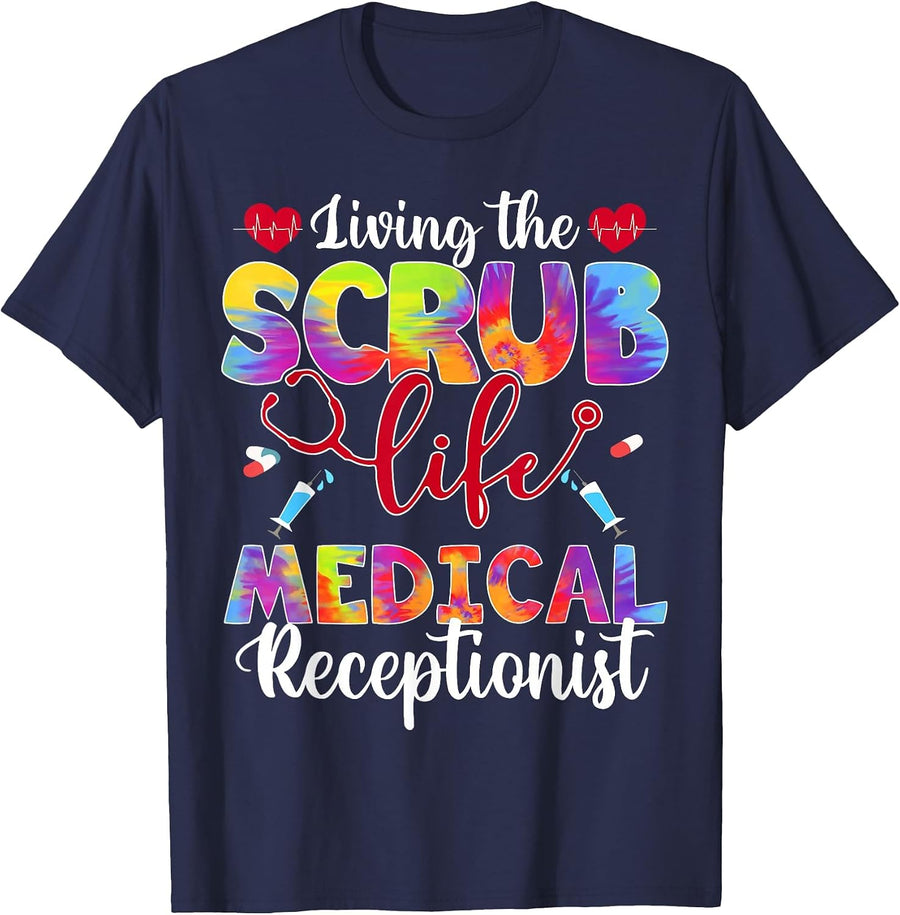 Living The Scrub Life Tie Dye Hippie Medical Receptionist T-Shirt - Navy Blue