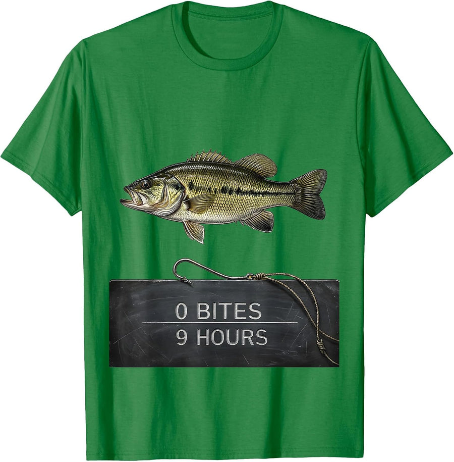 Men's 0 Bites 9 Hours Funny Bass Fishing Humor Fisherman Dad Gift T-Shirt - Kelly Green