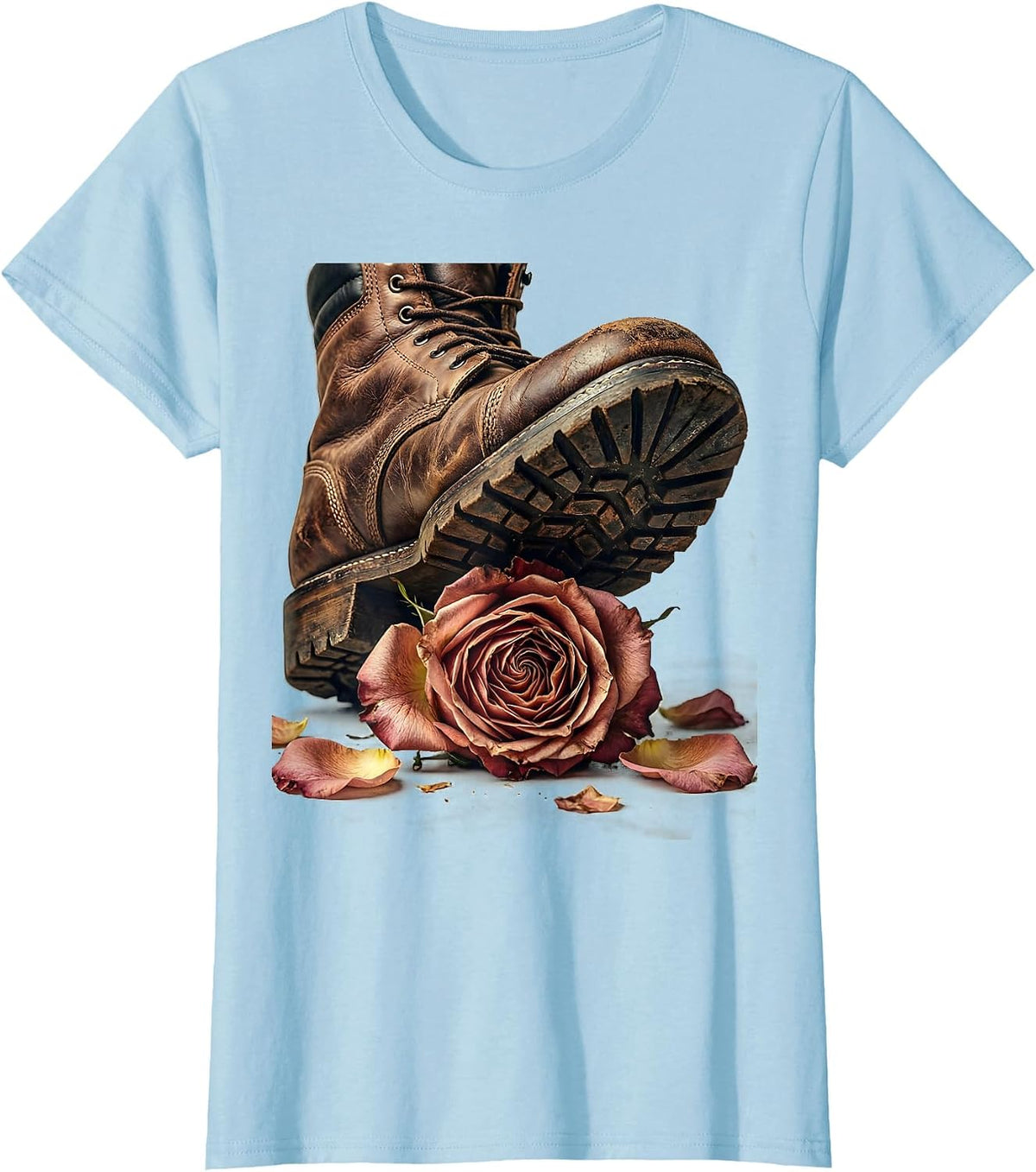 Grunge Boot Crushing Rose Graphic Design T-Shirt - Baby Blue