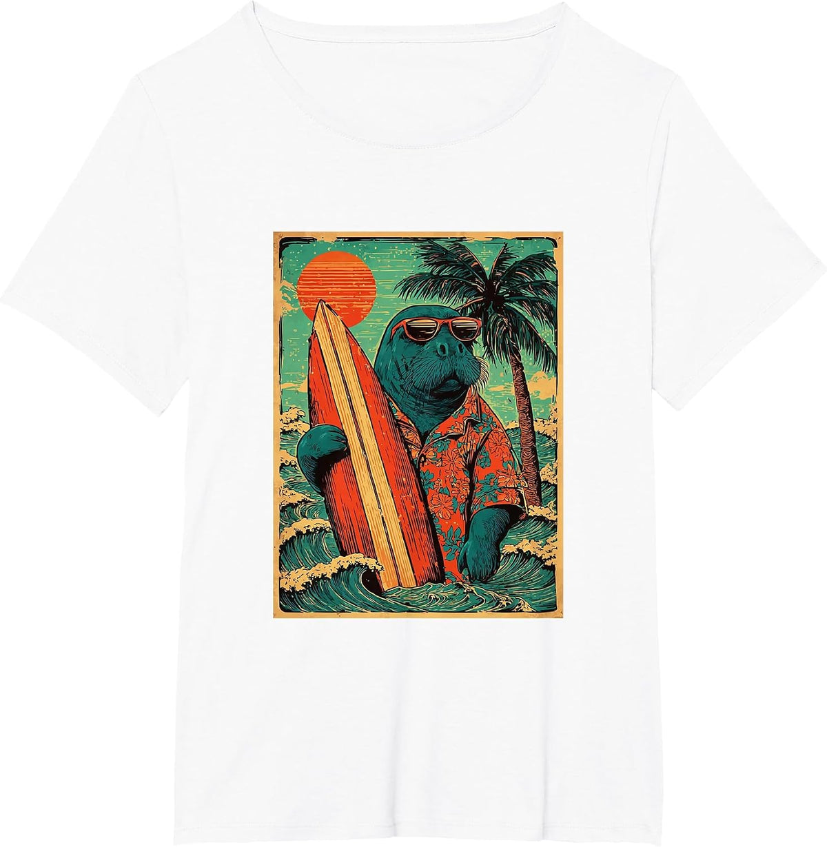 Retro Surfing Manatee Hawaii Vintage Beach Summer Surfer T-Shirt - White