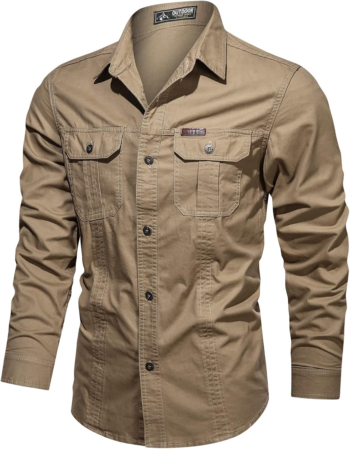 Work Shirt for Men, Long Sleeve Button Down, Dual Chest Pockets for Office and Casual Wear - 1a-khaki